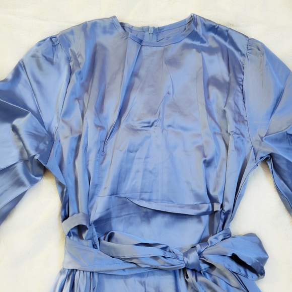 Satin Cloudy Blue Dress Long Sleeve Detachable Belt Size M L - Picture 5 of 6